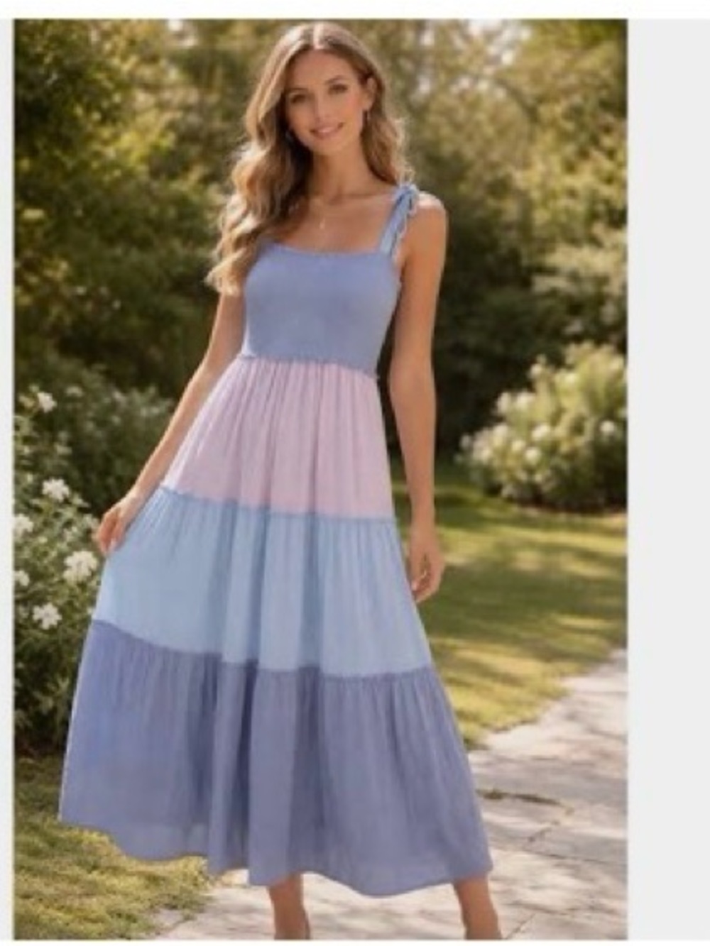 BeBop Blue and Pink Tiered Maxi Dress with Tie Straps